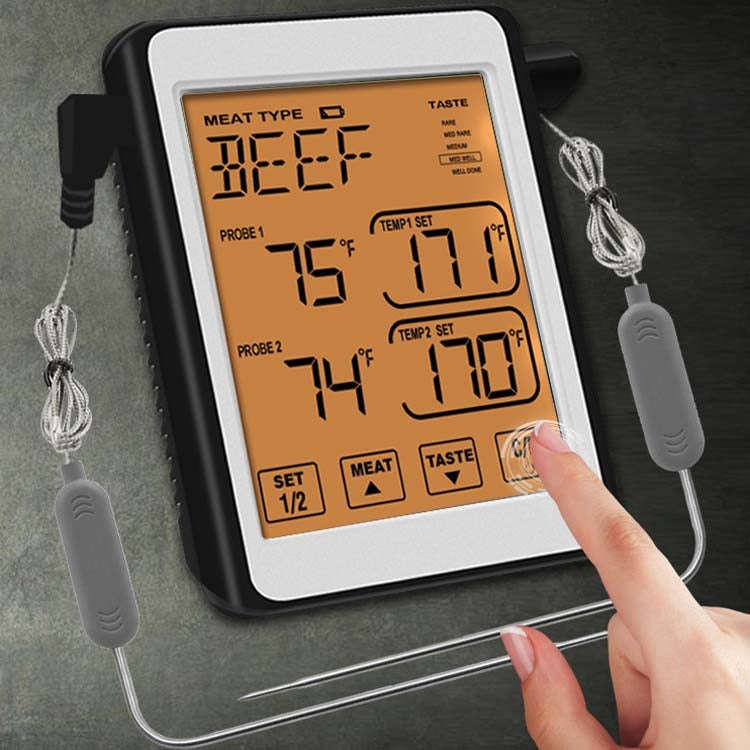 CH-212 Dual Probe Color Screen Smart Alarm Grill Kitchen Thermometer, Colorful Backlight, Orange ...
