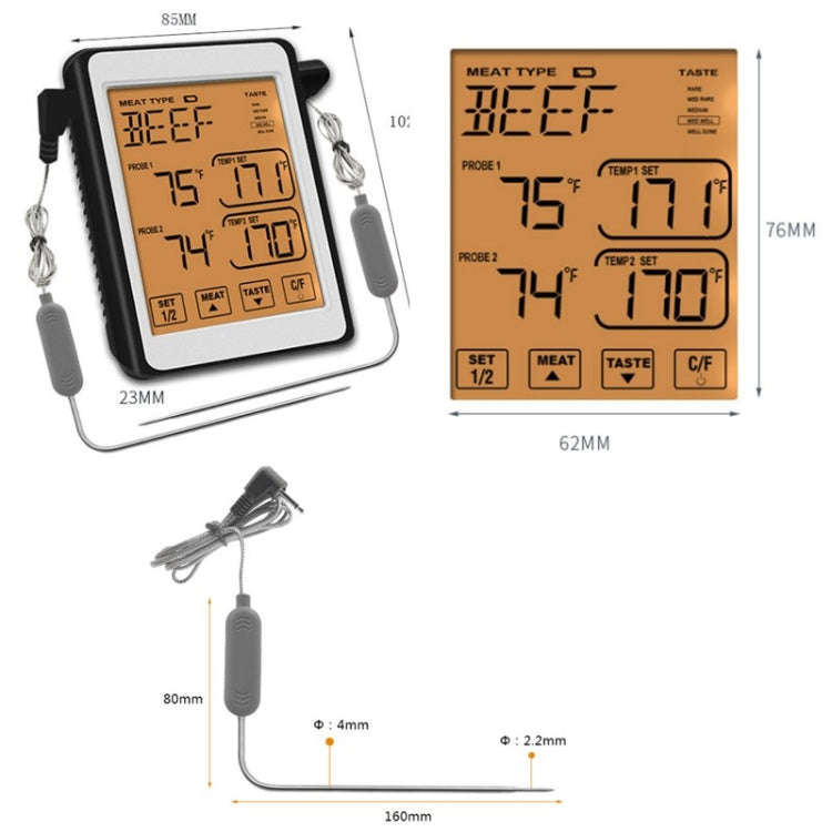CH-212 Dual Probe Color Screen Smart Alarm Grill Kitchen Thermometer, Colorful Backlight, Orange ...