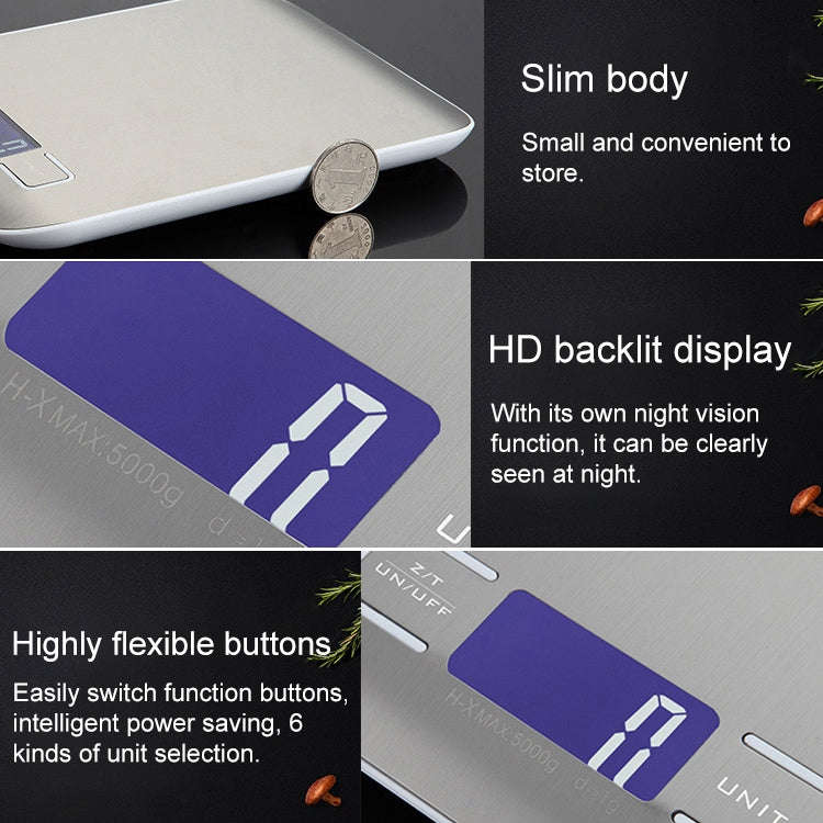 Digital Multi-function Stainless Steel Food Kitchen Scale with LCD Display, 5kg/1g, Rose Gold, 5k...