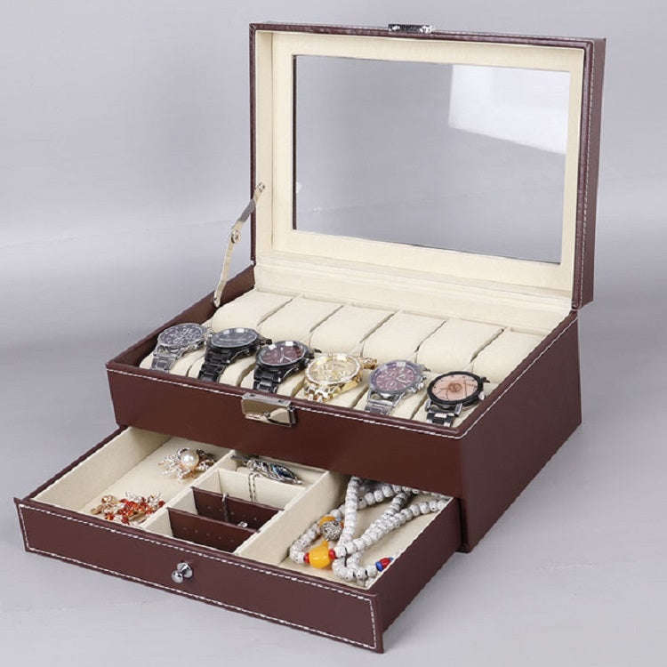 PU Leather 12-bit Watch Box Double-layer Jewelry Box Storage Display Box, PU Leather Brown