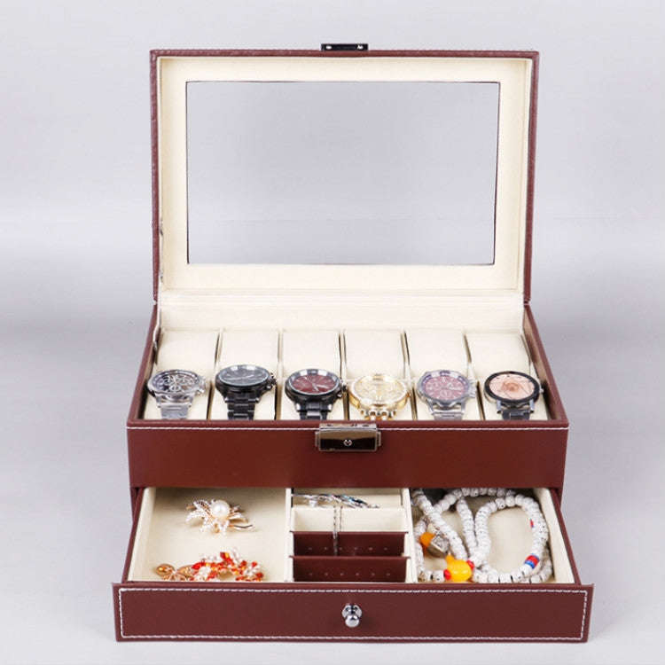 PU Leather 12-bit Watch Box Double-layer Jewelry Box Storage Display Box, PU Leather Brown
