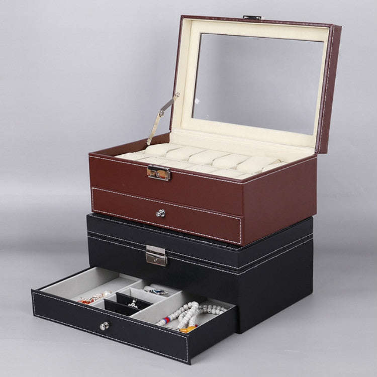 PU Leather 12-bit Watch Box Double-layer Jewelry Box Storage Display Box, PU Leather Brown