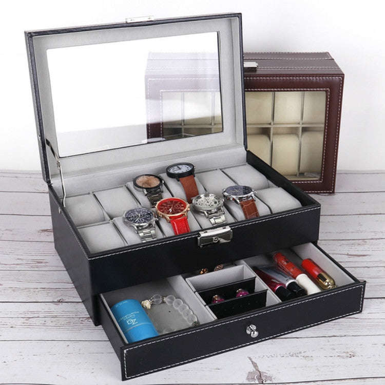 PU Leather 12-bit Watch Box Double-layer Jewelry Box Storage Display Box, PU Leather Brown