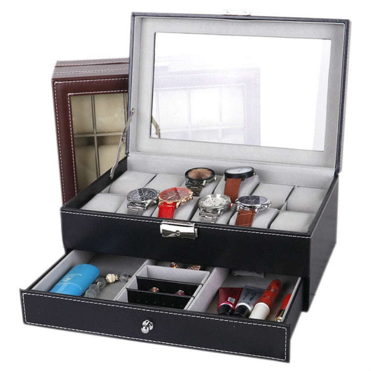 PU Leather 12-bit Watch Box Double-layer Jewelry Box Storage Display Box, PU Leather Brown