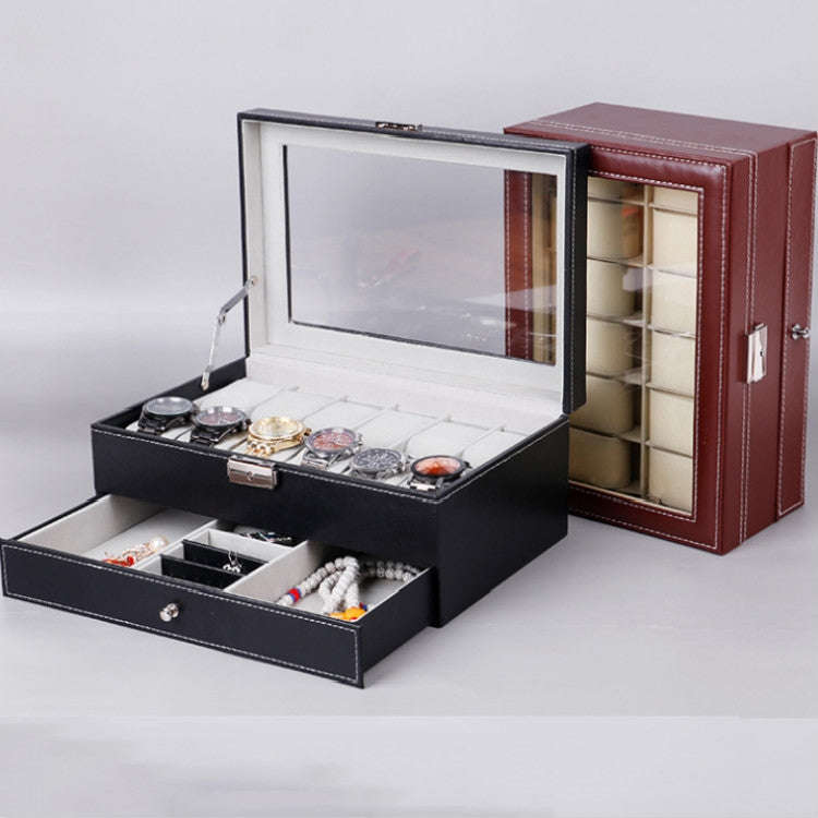 PU Leather 12-bit Watch Box Double-layer Jewelry Box Storage Display Box, PU Leather Brown