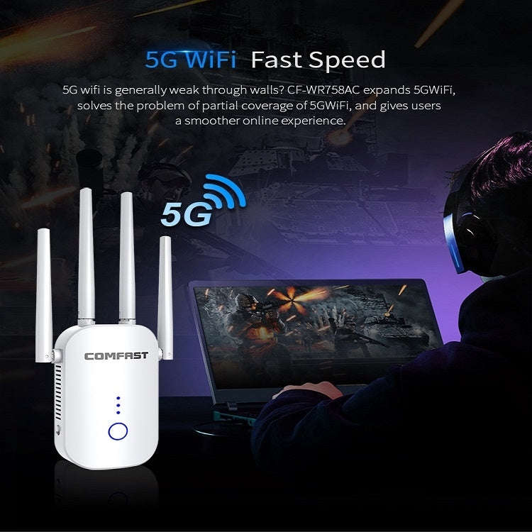 COMFAST CF-WR758AC Dual Frequency 1200Mbps Wireless Repeater 5.8G WIFI Signal Amplifier, CN Plug,...