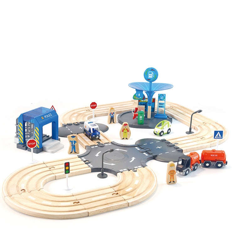 Multifunctional Wooden Police Station Road Track Set Baby Assembling Building Blocks Educational ...