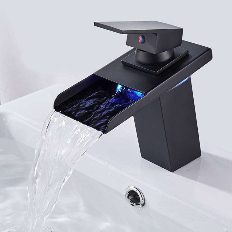 LED Three Lights Hot Cold Water Faucet Bathroom Waterfall Faucet CN Plug, Black, Electroplating S...