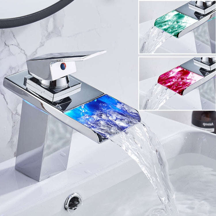 LED Three Lights Hot Cold Water Faucet Bathroom Waterfall Faucet CN Plug, Black, Electroplating S...
