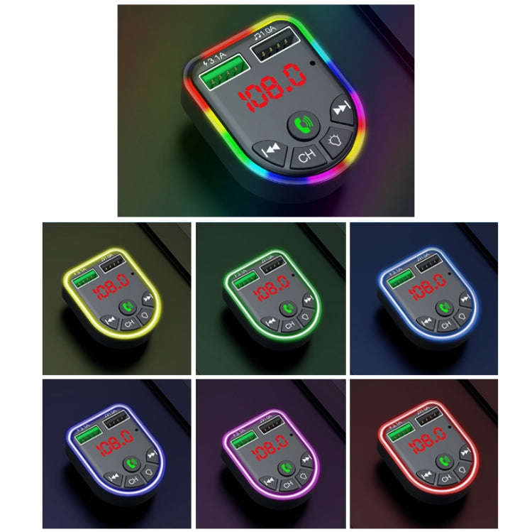 F5 Car FM Transmitter Bluetooth Hands-Free MP3 Music Player Colorful Atmosphere Light, F5