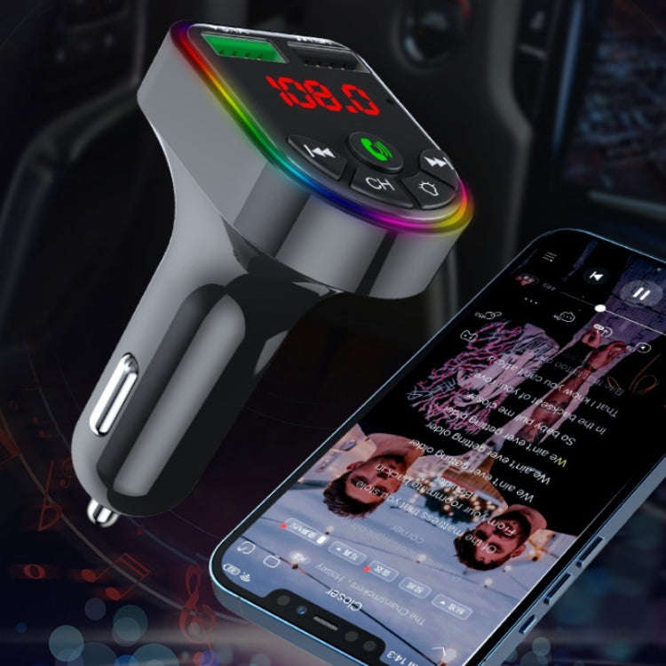 F5 Car FM Transmitter Bluetooth Hands-Free MP3 Music Player Colorful Atmosphere Light, F5