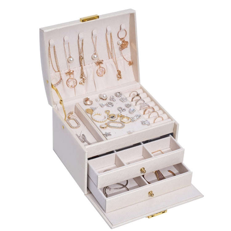 Three-Layer Leather Drawer Type Jewelry Storage Box Earrings Box With Lock, Three-Layer (Creamy W...