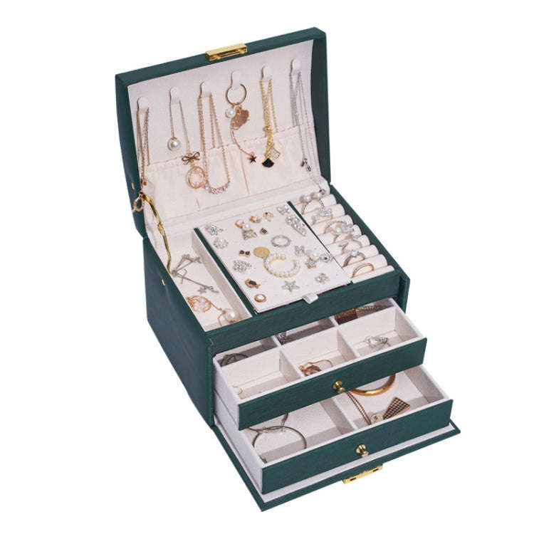 Three-Layer Leather Drawer Type Jewelry Storage Box Earrings Box With Lock, Three-Layer (Creamy W...