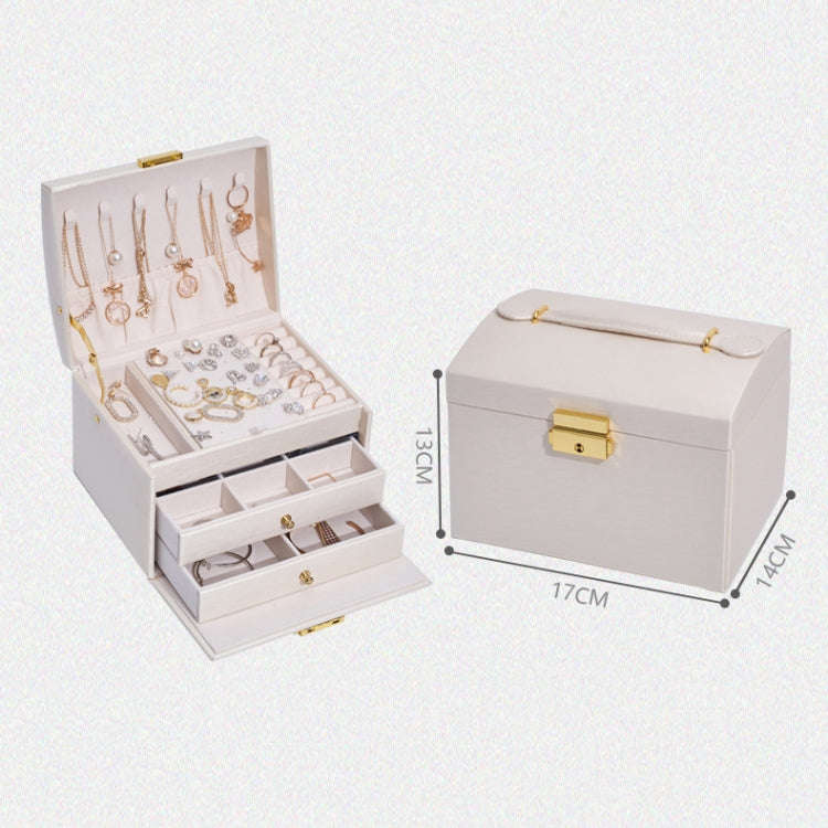 Three-Layer Leather Drawer Type Jewelry Storage Box Earrings Box With Lock, Three-Layer (Creamy W...