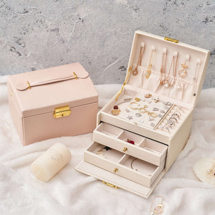 Three-Layer Leather Drawer Type Jewelry Storage Box Earrings Box With Lock, Three-Layer (Creamy W...
