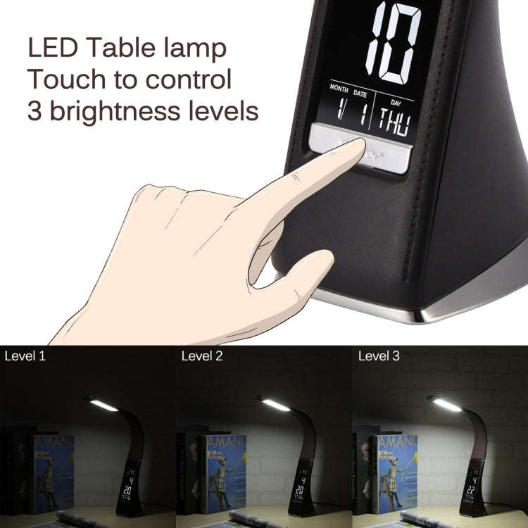 U2 5W 3-Level Dimmable LED Leather Texture Desk Lamp With Temperature/Clock/Calendar Display, Black