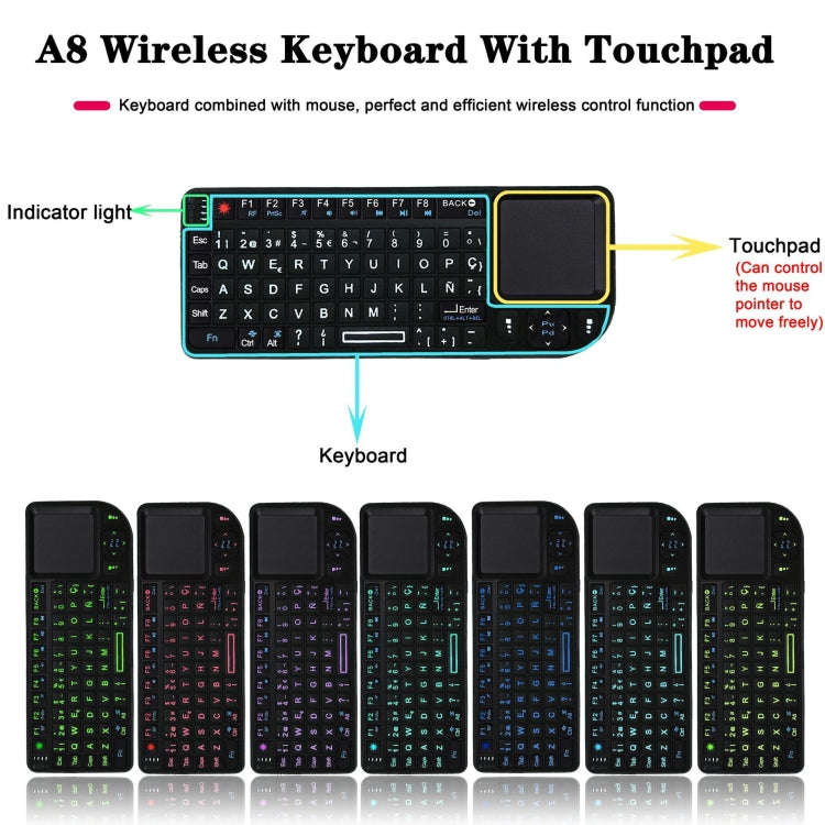 A8 Mini Wireless Mouse And Keyboard With Laser Touchpad Keyboard, English White Backlight, Englis...