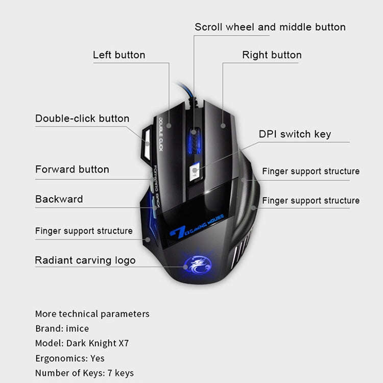 IMICE X7 2400 DPI 7-Key Wired Gaming Mouse with Colorful Breathing Light, Cable Length: 1.8m, Ski...
