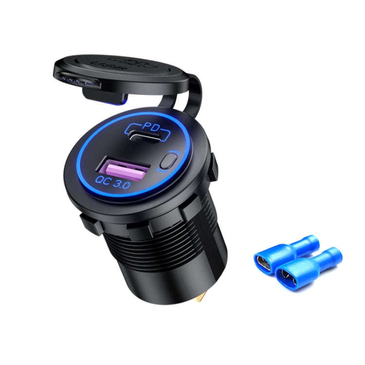Car Motorcycle Ship Modified USB Charger Waterproof PD + QC3.0 Fast Charge, Blue Light With Termi...