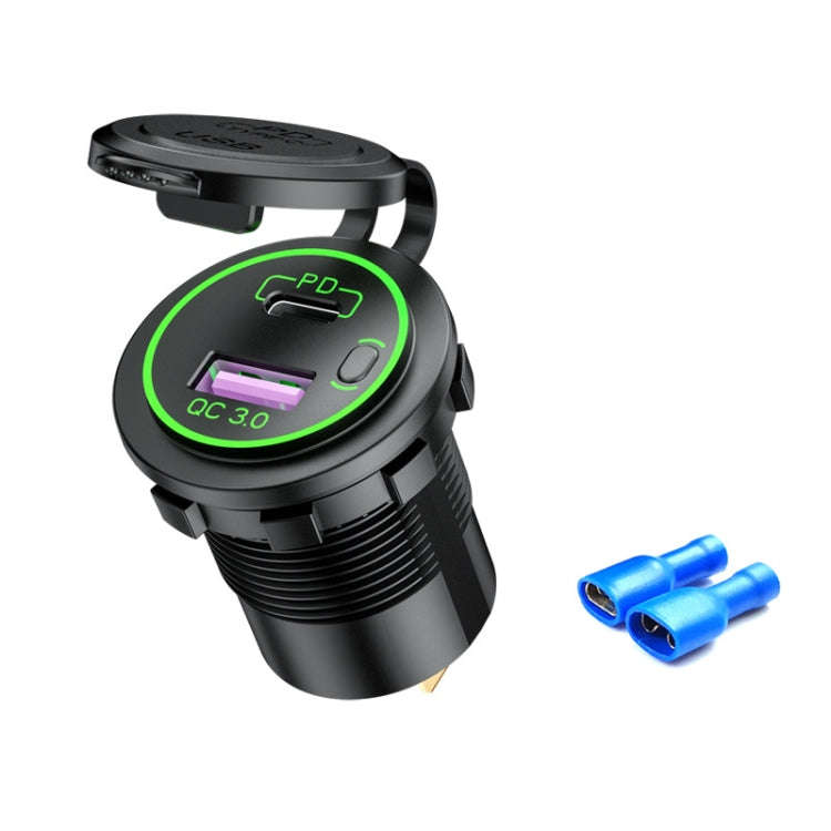 Car Motorcycle Ship Modified USB Charger Waterproof PD + QC3.0 Fast Charge, Blue Light With Termi...