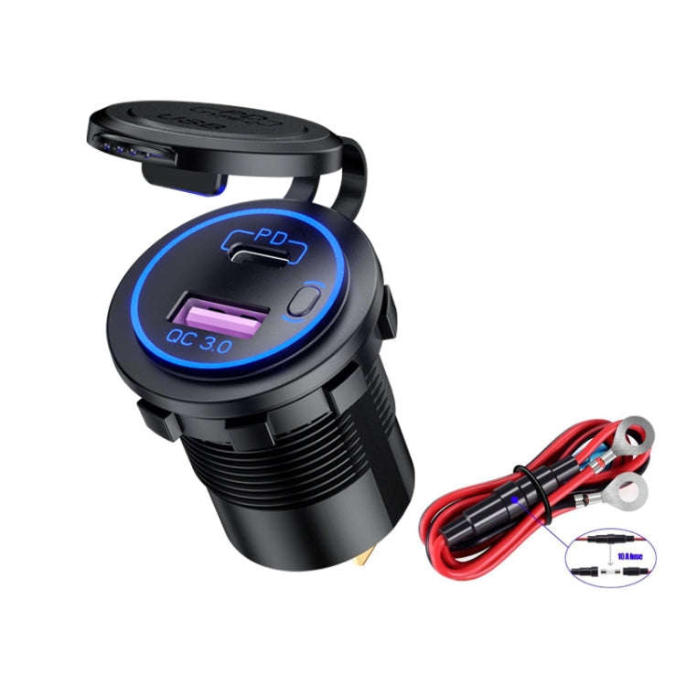 Car Motorcycle Ship Modified USB Charger Waterproof PD + QC3.0 Fast Charge, Blue Light With Termi...