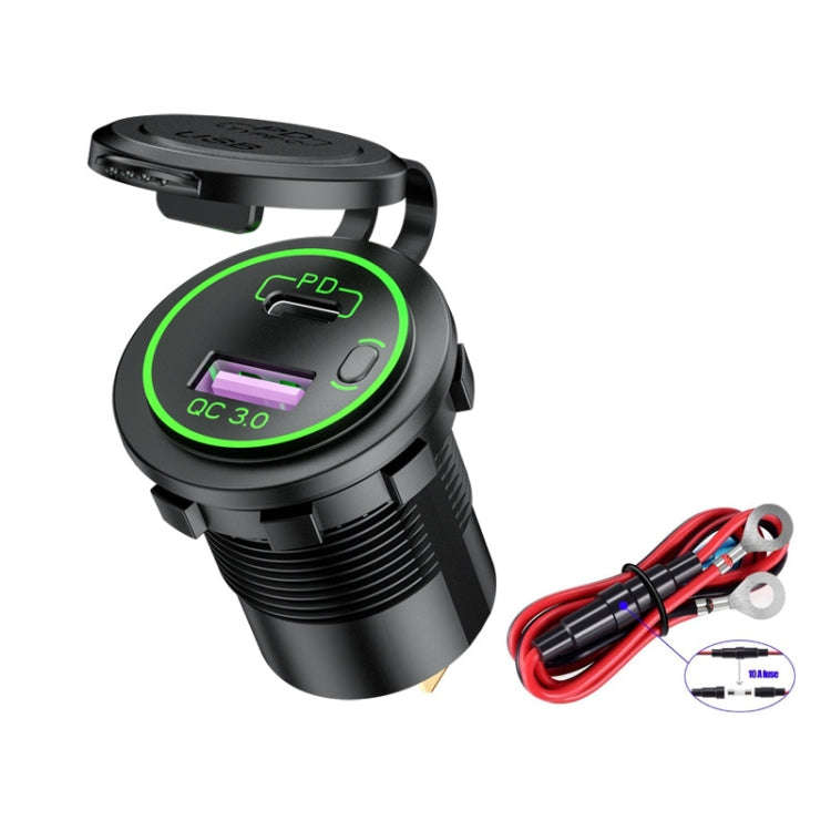 Car Motorcycle Ship Modified USB Charger Waterproof PD + QC3.0 Fast Charge, Blue Light With Termi...