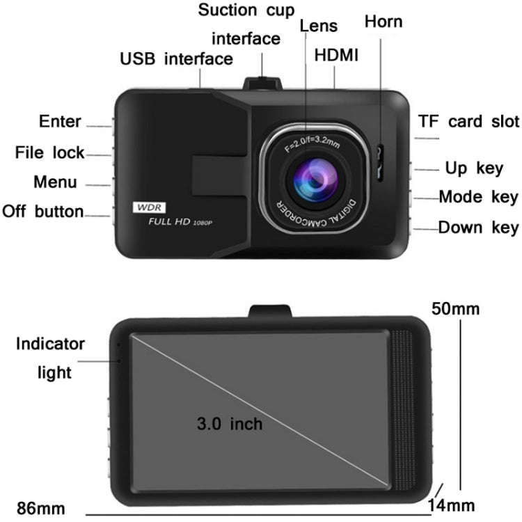 3.0 Inch HD 1080P Wide-Angle Driving Recorder With Reversing Image Specification, Normal Defin...