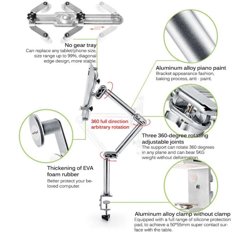 TB-03 Universal Desk Clamp Tablet Stand Aluminum Alloy Articulating Arm with 3-Section Folding & ...