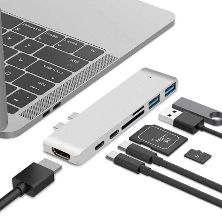 7 In 1 100W USB 3.1 To 20VPD+Card Reader Data+HUB+HDMI 4K Converter, Gray, Silver