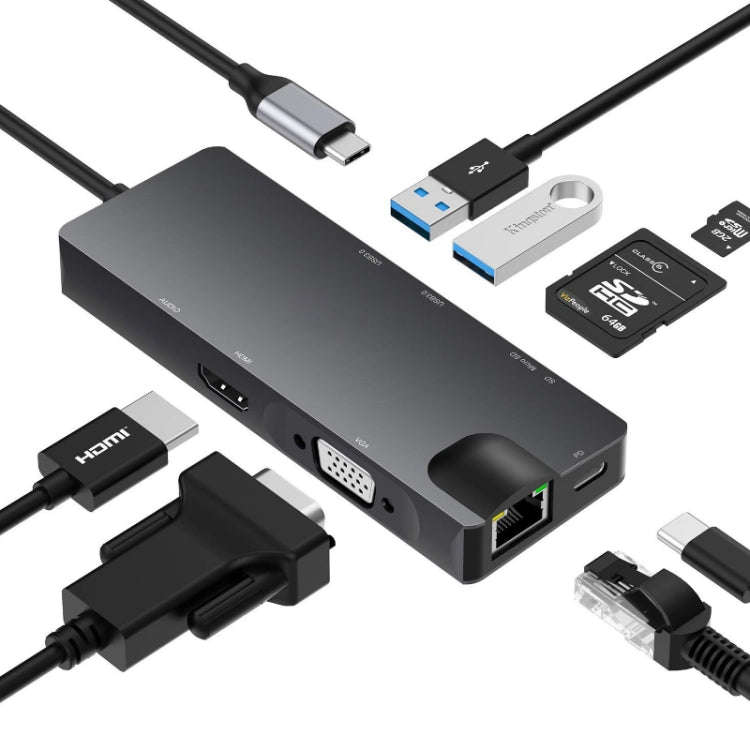 8 In 1 Type-C To HDMI+VAG Gigabit RJ45+USB3.0 Docking Station