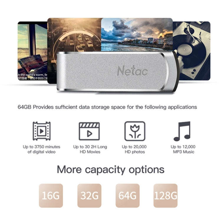 Netac U388 High Speed USB3.0 Metal Rotating Car Computer U Disk, 32GB, 64GB, 128GB