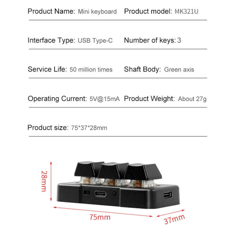 MK321 3 Keys Custom Keys Game Office PS Clip Macro Programming Keypad, Cable Length: 1.5m, White,...