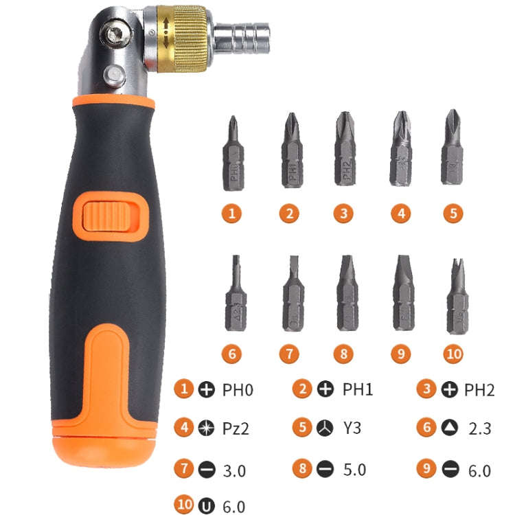 2050C Portable 10 In 1 Hidden Bits Multi-angle Ratchet Corner Screwdriver Set, 10 In 1 Orange, 10...
