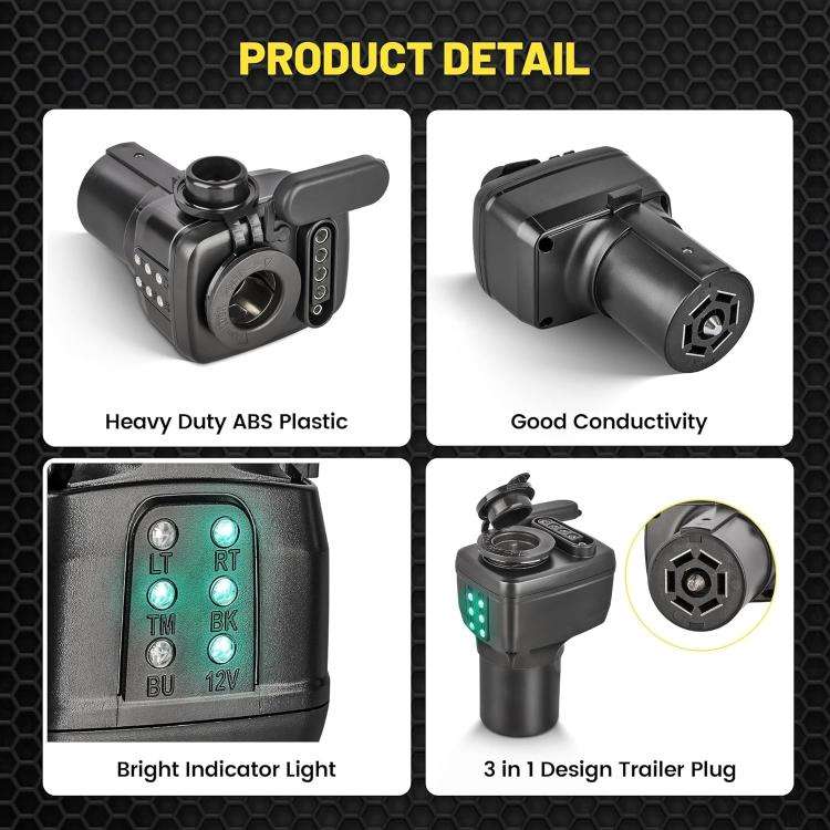 7 Pin to 12V Truck Cigarette Lighter Power Adapter with LED Circuit Tester