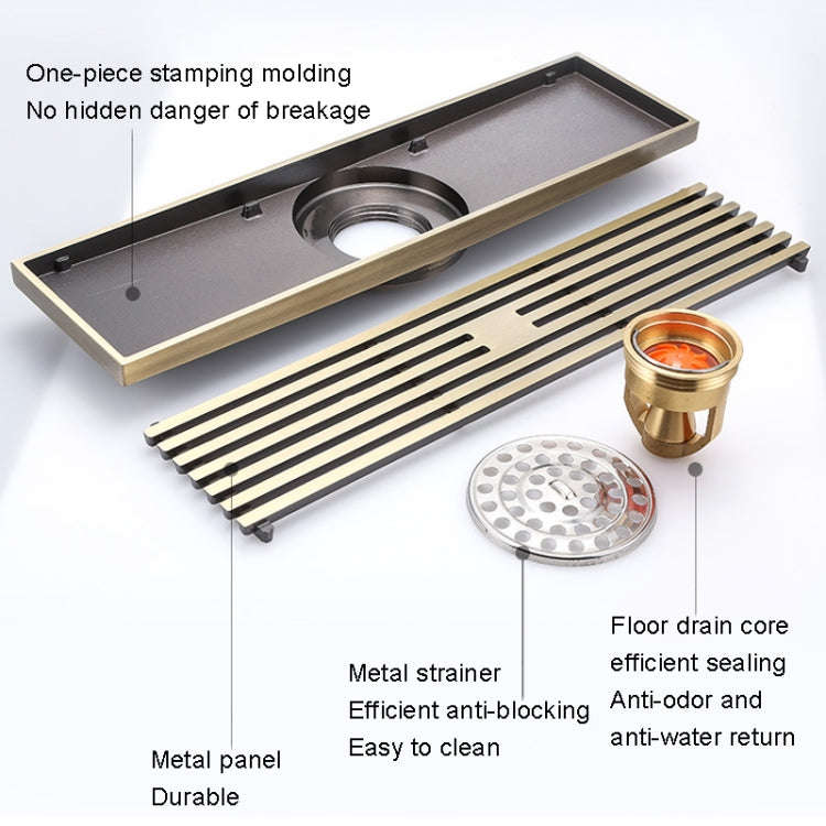 8x30cm Extended Full Copper Strip Floor Drain, Style:, K8034 Chrome Plated+Black Straight Row, K8...