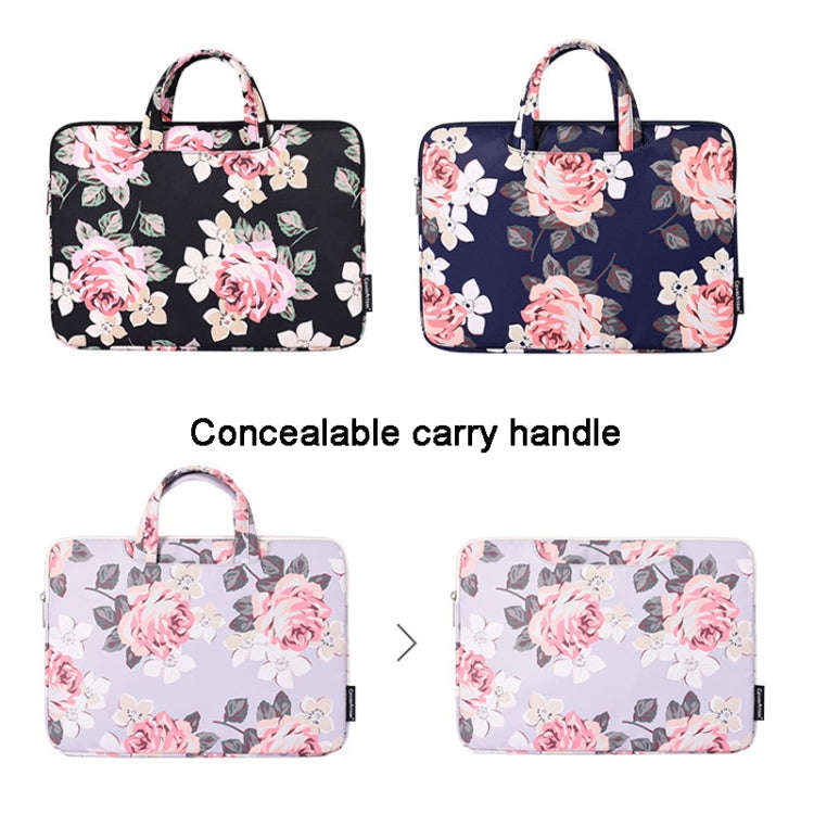 H40-B01 White Rose Pattern Laptop Case Bag Computer Liner Bag With Handle, 12 Inch, 13 Inch, 14 I...