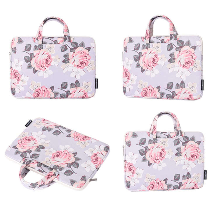 H40-B01 White Rose Pattern Laptop Case Bag Computer Liner Bag With Handle, 12 Inch, 13 Inch, 14 I...