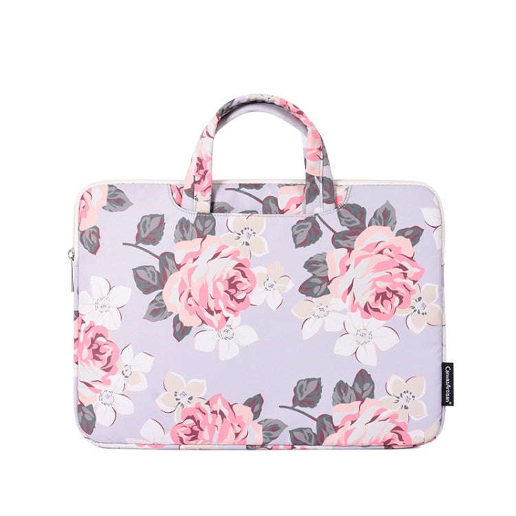 H40-B01 White Rose Pattern Laptop Case Bag Computer Liner Bag With Handle, 12 Inch, 13 Inch, 14 I...
