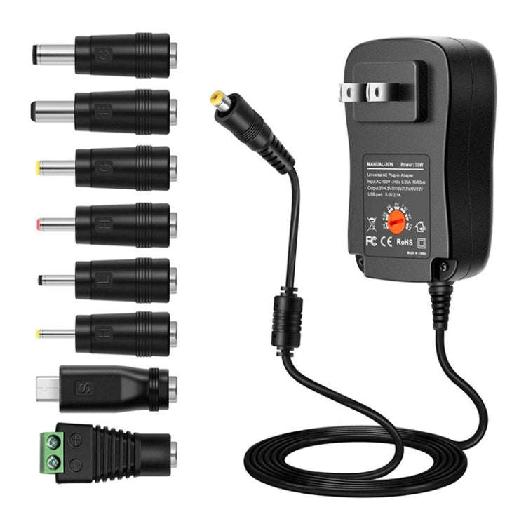 30W USB Interface Adjustable Power Adapter With Power Monitoring LED Light, US Plug, EU Plug, UK ...