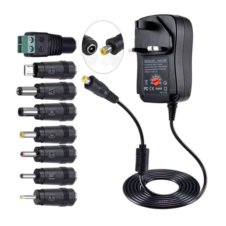 30W USB Interface Adjustable Power Adapter With Power Monitoring LED Light, US Plug, EU Plug, UK ...