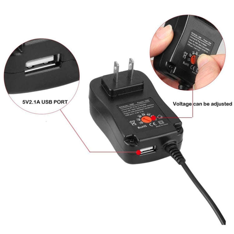 30W USB Interface Adjustable Power Adapter With Power Monitoring LED Light, US Plug, EU Plug, UK ...