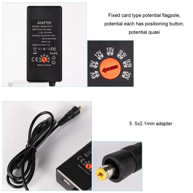 65W 6-20V Adjustable 3A DC Power Adapter Charger, US Plug, EU Plug, UK Plug Small, AU Plug, UK Pl...