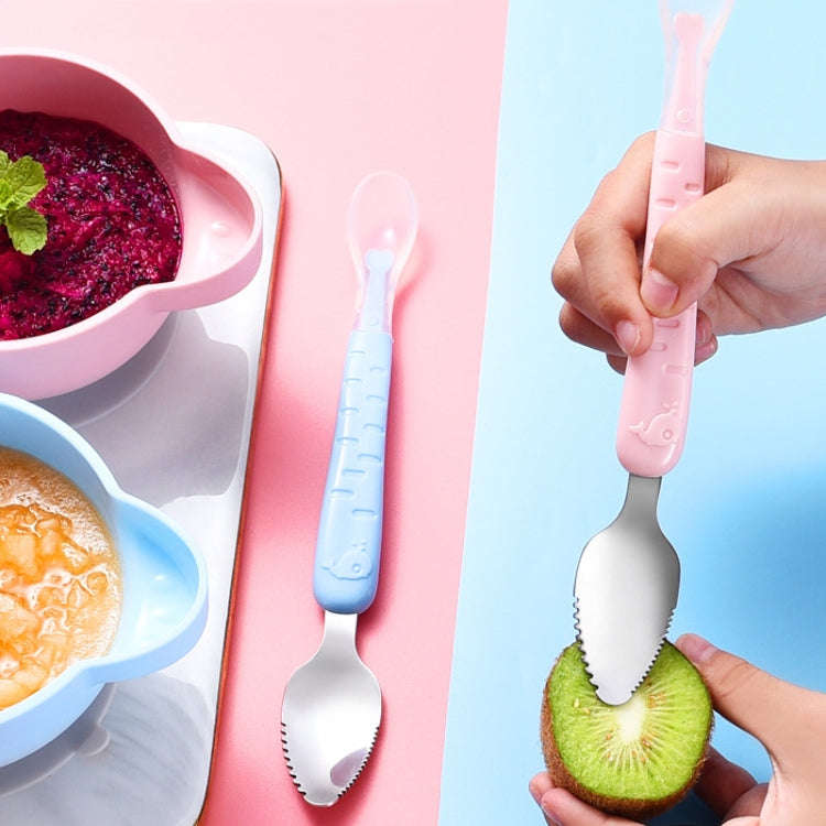 Baby Fruit Double-Ended Scraping Spoon 304 Stainless Steel Silicone Soft Spoon, Pink, Blue, Blue ...