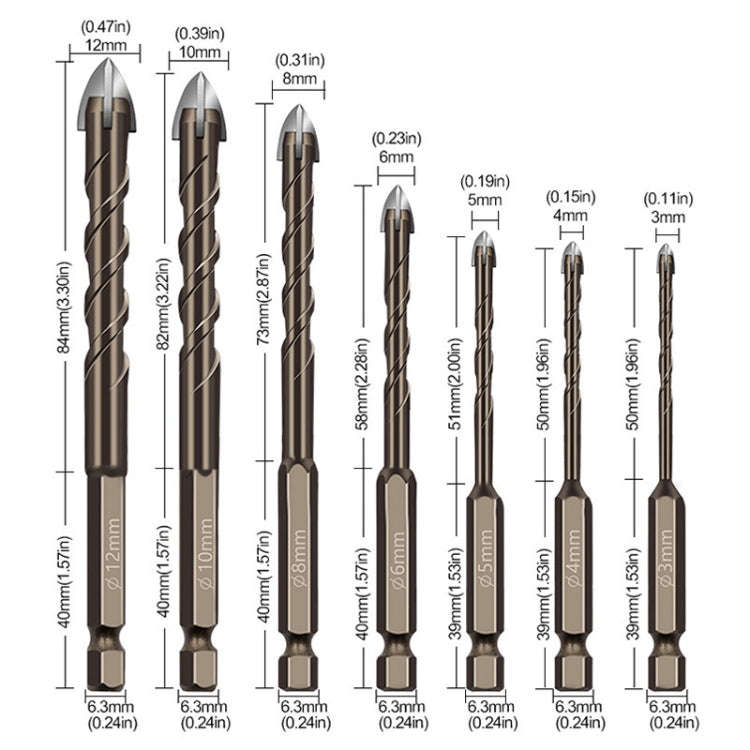 Hexagonal Shank Spiral Flute Cross Alloy Drill Bits Glass Tile Four Edge Drivers, 3mm, 4mm, 5mm, ...