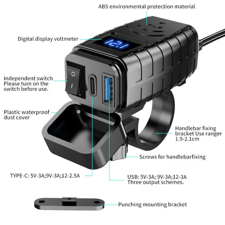 PD3.0 Motorcycle USB Mobile Phone Charger Digital Voltage Meter with Switch, Blue Screen, Red Scr...