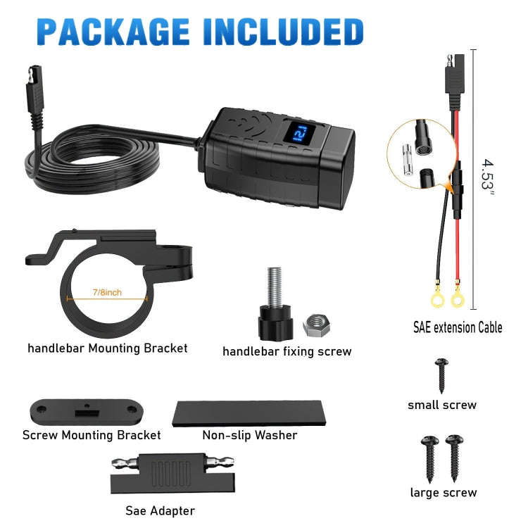 PD3.0 Motorcycle USB Mobile Phone Charger Digital Voltage Meter with Switch, Blue Screen, Red Scr...