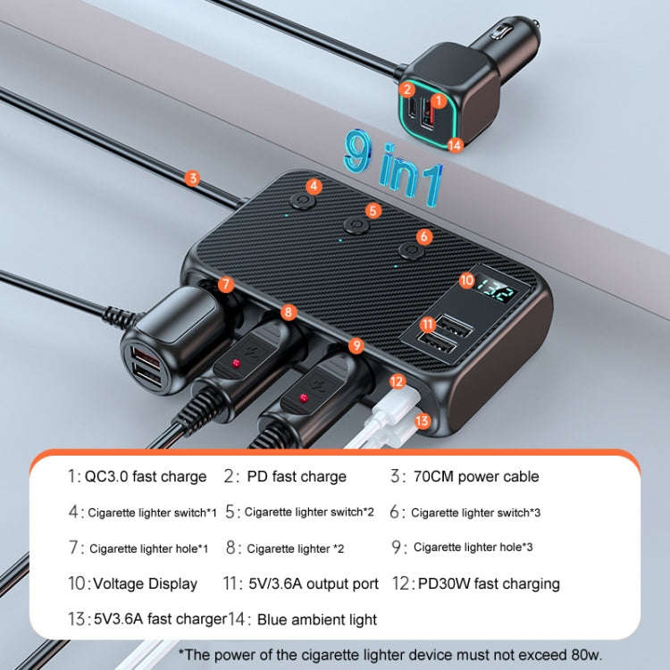C29 9 In 1 Car Cigarette Lighter Powerful Fast Charger With Voltage Display, C29