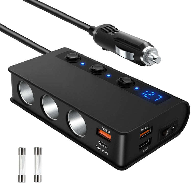 TR24 Car Cigarette Lighter One To Three With Switch 180W High Power Fast Charger, TR24(Black PD V...
