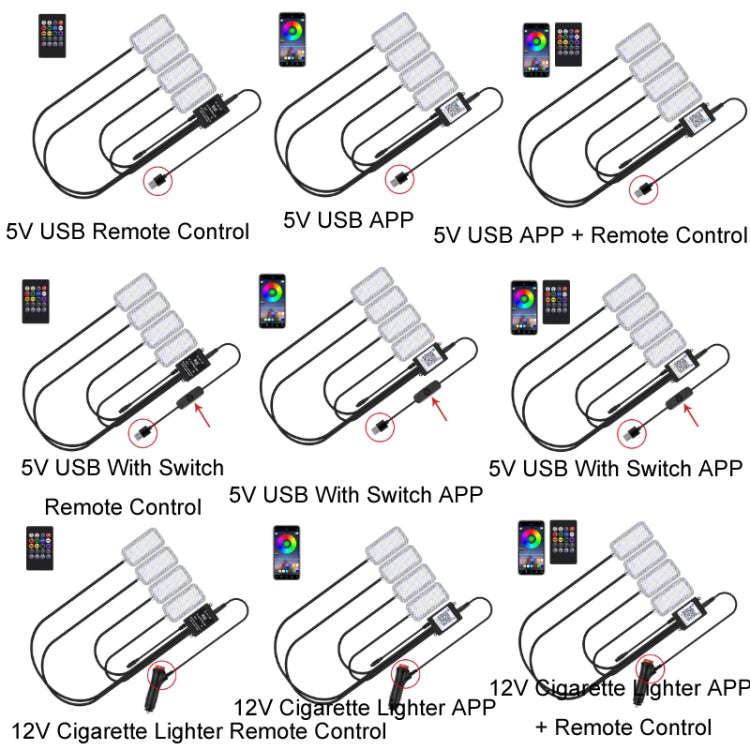 Eight-Color LED Voice Control Car Music Rhythm Atmosphere Light, 5V USB Remote Control, 5V USB AP...