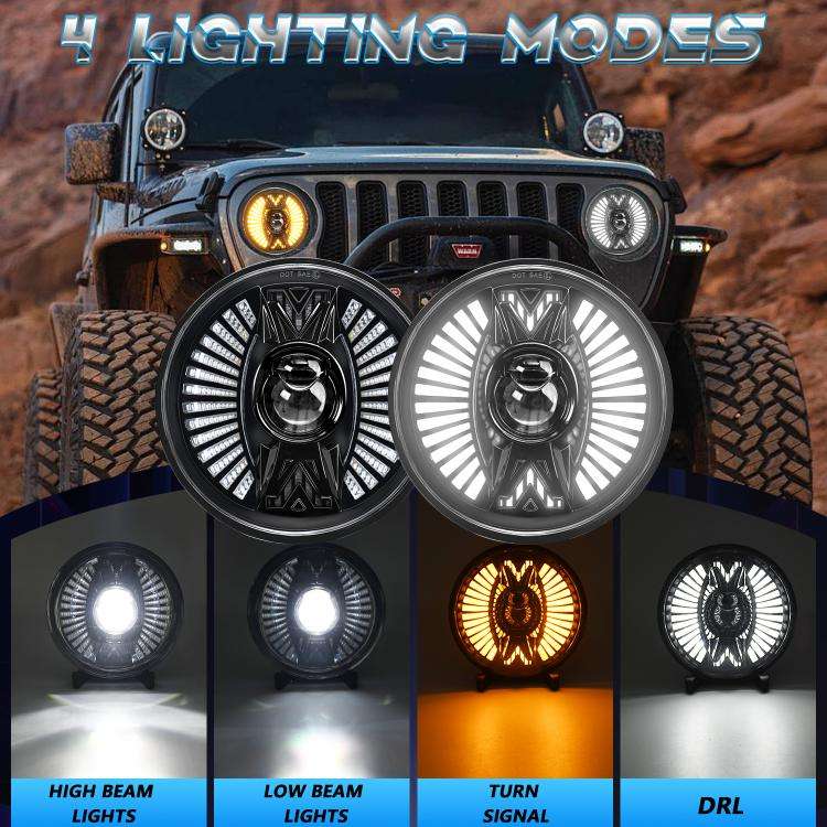7 Inch Round Lens With Tangent Fan-Shaped Angel Eye Headlights